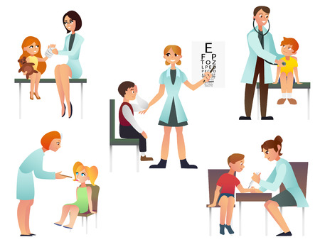 Kids visit a doctor cartoon flat vector illustration. Pediatrician and examine a patient. Isolated on the white backgroundの写真素材