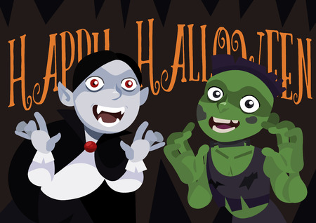 Happy Halloween cartoon poster with funny characters. Vampire and zombie with scary face. Vector illustration with dark background.のイラスト素材