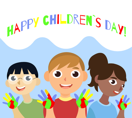 Cartoon vector illustrtation with three kids. 20th November Universal Children s Day poster. National children day composition. Asian, european and african childrens. children show handsのイラスト素材