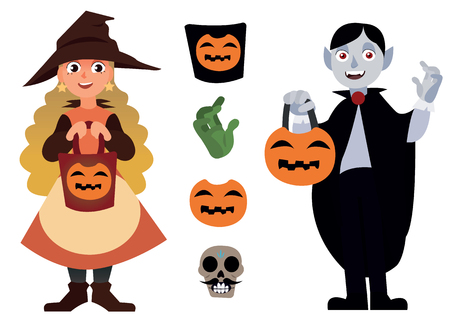 Halloween set with two characters and elements Vampire and the Little Witch, with Pumpkin Jack isolated on the white backgroundのイラスト素材