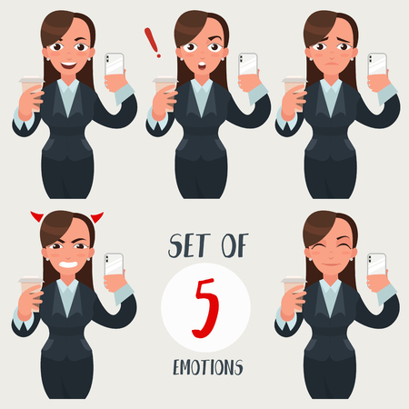 Business woman set. Businesswoman with different face expressions. Girl with various emotions. Funny cartoon woman in flat vector style. Set of 5 emotions including happy, sad, angry, pleasedのイラスト素材