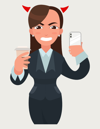 Angry mad business with devil horns woman with a cup of coffee and smartphone. Funny cartoon woman in flat vector style illustration. Businesswoman expressionのイラスト素材