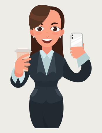 Beautiful happy business woman with a cup of coffee and smartphone. Funny cartoon woman in flat vector style illustration. Businesswoman expressionのイラスト素材