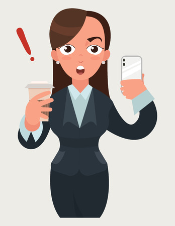 Surprised beautiful business woman with a cup of coffee and smartphone. Funny cartoon woman in flat vector style illustration. Businesswoman expressionのイラスト素材