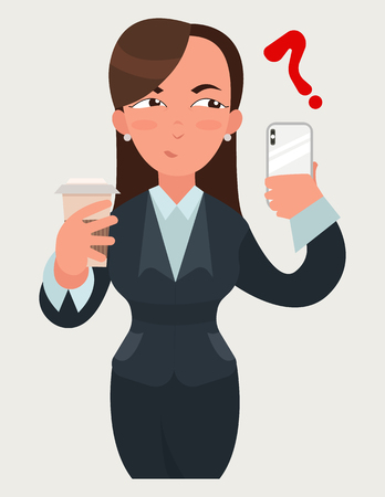 Business woman expressions. Woman with a coffee and a smartphone. 
Suspicious emotionのイラスト素材
