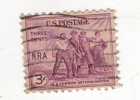 image of a group of men and women with tools and agricultural implements, purple stamp, price 3