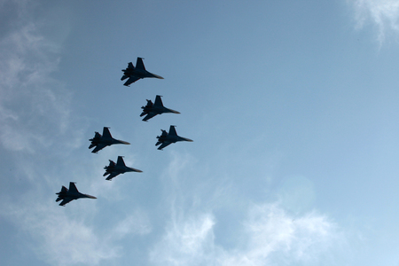 flight of aerobatic team of 6 aircraftのeditorial素材