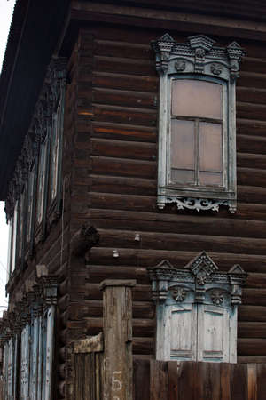 Ulan-Ude city centre, the market district, the old buildings of wooden houses in the traditional styleの写真素材