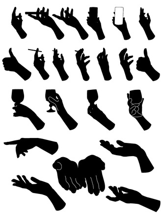 Set of silouette hands . Hand holding different objects. Vector illustrationのイラスト素材