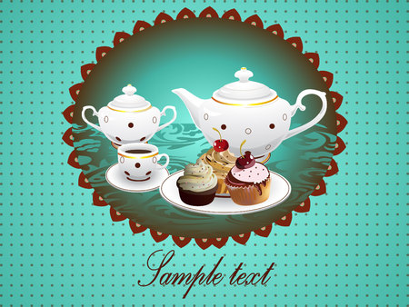 Cup Cakes and  pot of tea  Vector illustrationのイラスト素材
