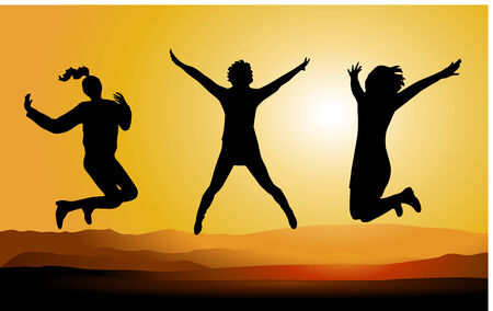 Silhouette of happy jumping people  Vector illustrationのイラスト素材