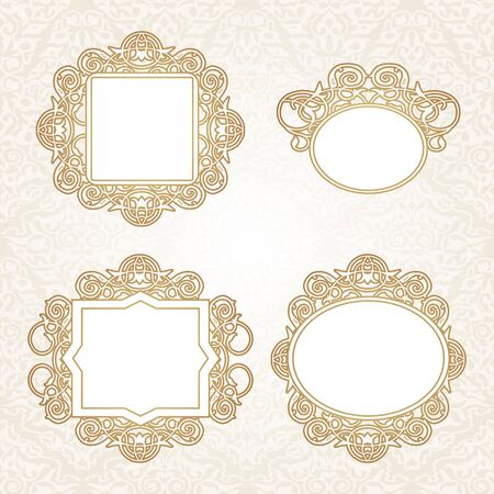Vector decorative frame in Victorian style. Elegant element for design template. Outline floral border. Line art golden decor for birthday and greeting card, wedding invitation, Thank you message.のイラスト素材