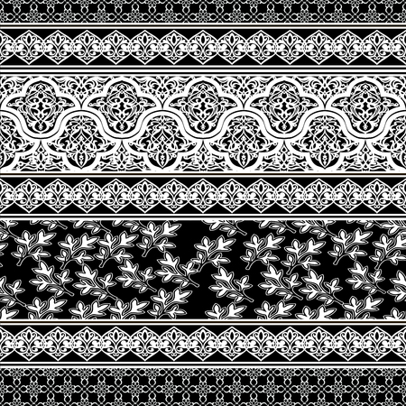 Seamless with oriental motif. Monochrome patchwork background. Set of pattern with filigree ornaments. Vector illustration.のイラスト素材