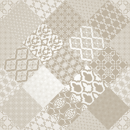 Seamless with oriental motif. Pink patchwork background. Set of pattern with filigree ornaments. Vector illustration.のイラスト素材