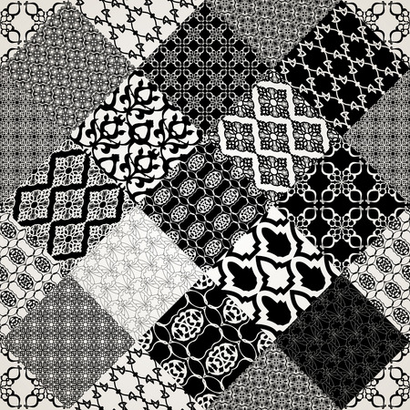 Seamless with oriental motif. Pink patchwork background. Set of pattern with filigree ornaments. Vector illustration.のイラスト素材