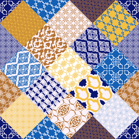 Seamless with oriental motif. Pink patchwork background. Set of pattern with filigree ornaments. Vector illustration.のイラスト素材