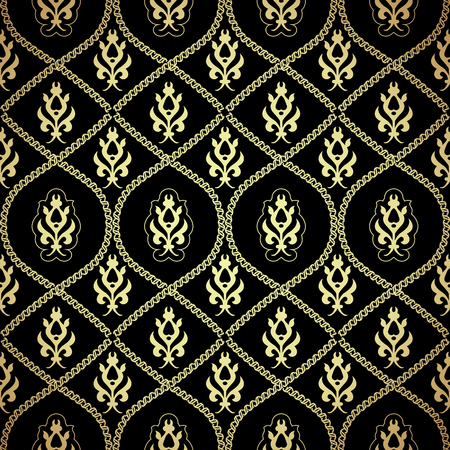 Black and gold damask background. Luxury style pattern with filigree ornaments. Royal motifs. Vectorのイラスト素材