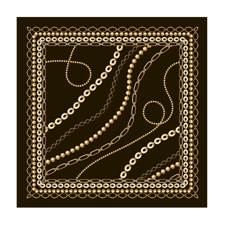 Gold and black chain with tassel seamless background. Filigree square border. Monochrome pattern. Gold silhouette on black. Fashion motifs. Vector illustrationのイラスト素材