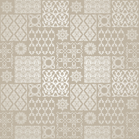 Seamless with oriental motif. Grey patchwork background. Set of pattern with filigree ornaments. Vector illustration.のイラスト素材