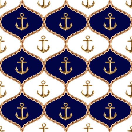 Gold chain grid seamless on blue background. Fashion illustration. Collection of jewelry. Seamless pattern abstract design. Vector illustrationのイラスト素材