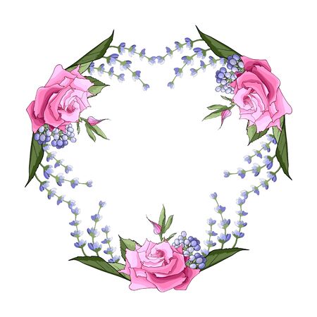 Wreath with rose, leaves, lavender. Round flower frame. Floral motif border. Idea for event invites, greeting card, cover, postcard, poster, banner. Editable template for design Vector illustrationのイラスト素材