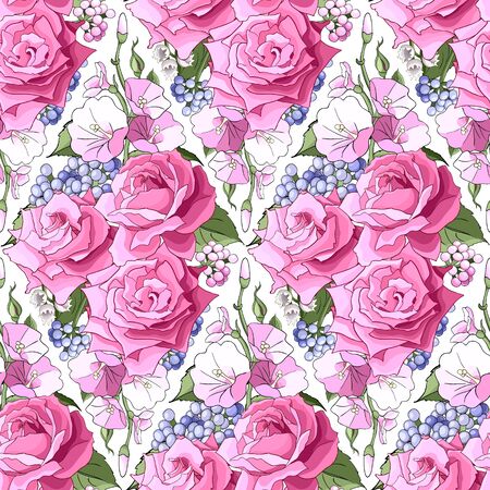 Seamless pattern with roses. Flowers, leaves on white background. Abstract colorful pattern in floral style. Idea for material, scarf, fabric, textile, wallpaper, wrapping paper. Vector illustrationのイラスト素材