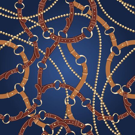Seamless background with gold chains, belt,rope, grid. Abstract pattern in nautical style. Marine motifs ornament. Idea for material, textile, fabric design. Blue, gold textureのイラスト素材
