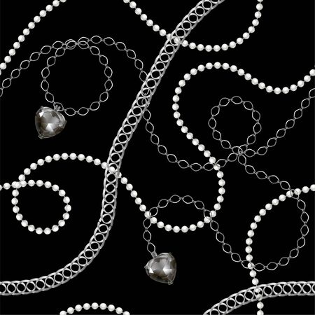 Seamless background with chains, anchors,rope, heart, grid. Abstract pattern in nautical style. Marine motifs ornament. Idea for material, textile, fabric design.のイラスト素材