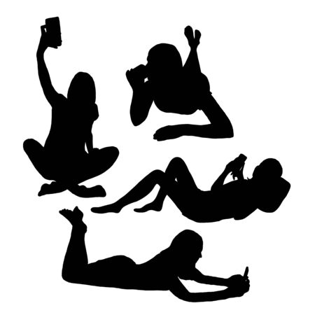 Young girl having fun with drink and smartphone. Set of silhouette woman with phone abd cup. Isolated female in relax pose. Vector illustrationのイラスト素材