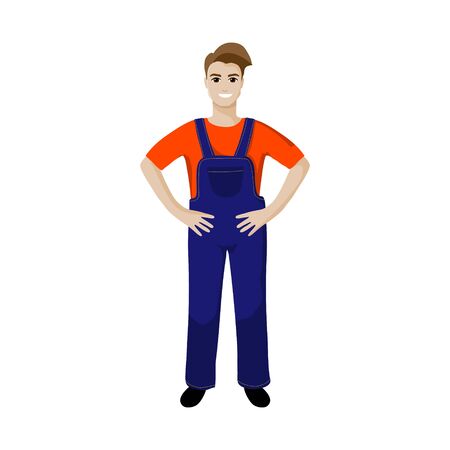 Happy man in work dungarees standing on white background. Vector illustration in cartoon style.のイラスト素材