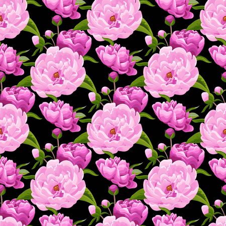 Pink peonies on green background. Abstract floral seamless pattern. Flowers, buds, leaves in realistic style.のイラスト素材