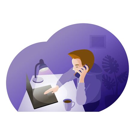 Young man with smartphone sitting at the desk indoors in home office. Boy is talking by cellphone and working, studing from home. Self quarantine activity. Distance education. Laptop and coffee.のイラスト素材