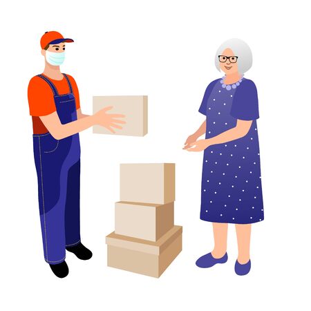 Medical masked volunteer brought food to elderly woman. Social worker delivers medicine to old woman. Vector flat cartoon characters illustration. Stay at home concept.のイラスト素材