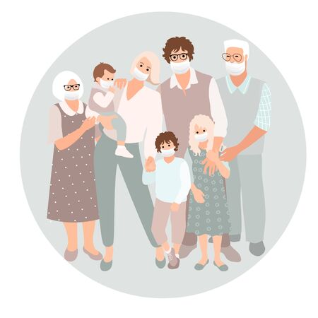 Family happy together. Group of people standing. Father, mother, sister, brother, son, daughter, grandparents, grandchildren, pets. Cat and dog.のイラスト素材