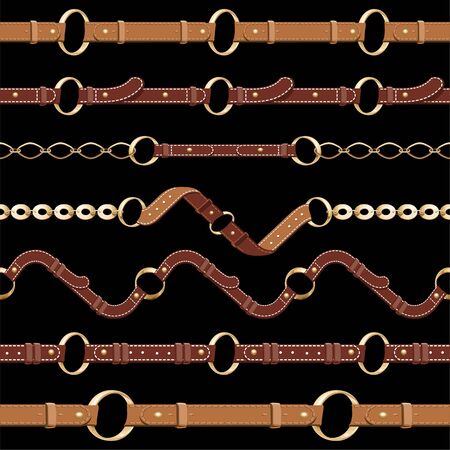 Set of seamless belt editable brush. Leather belts with gold metallic rings and chains. Collection of shining string and necklace accessories isolated on black background. Vector illustrationのイラスト素材