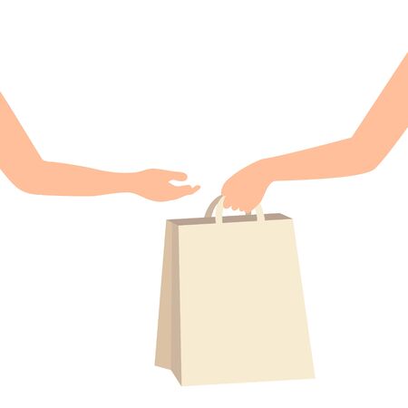 Hand holding and giving paper bag to other hand. Customer receiving shopping bag from courier, volunteer, social woker. Donation delivery service. Senior care. Hand to hand assistance. Vector illustrationのイラスト素材