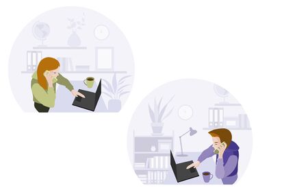 Man and woman sitting at desks working on laptops connected in network and cellphone. Set of...