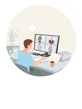 Young man working or learning at home. Freelance, work at home, online job, home office, e-learning concept. Remotely work, distance education, video chat. Vector for posterのイラスト素材