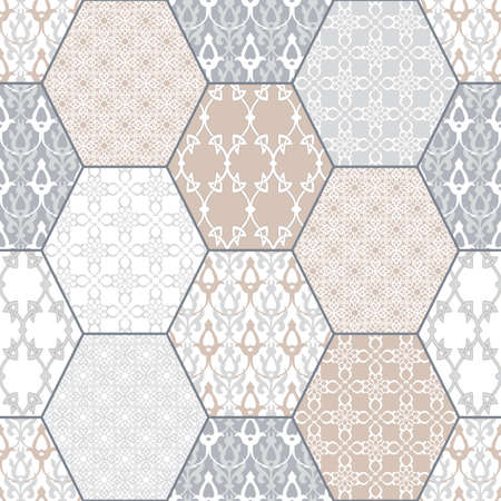 Seamless pattern with patchwork ornament in beige colors. vectorのイラスト素材