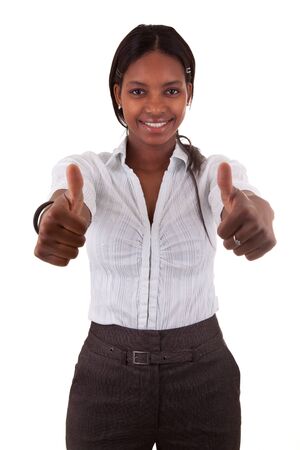 young black businesswoman making two thumbs upの写真素材