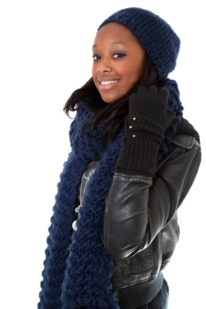 Young african american woman wearing winter dressの写真素材