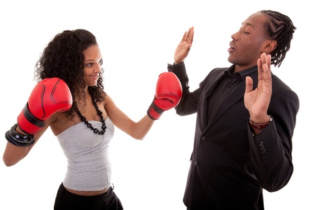 Young black woman and men boxingの写真素材