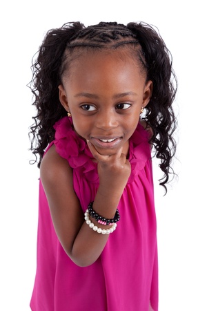 Thoughtful Little african american, isolated on white backgroundの写真素材