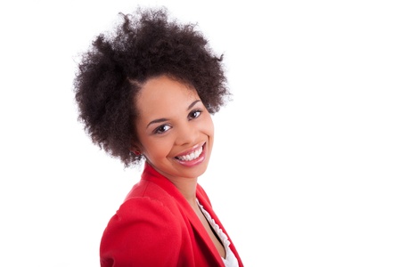Closeup portrait of a beautiful african american woman, isolated on white backgroundの写真素材