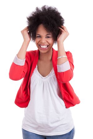 Portrait of a beautiful african american woman, isolated on white backgroundの写真素材