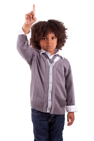 Little african american boy with finger up, isolated on white backgroundの写真素材
