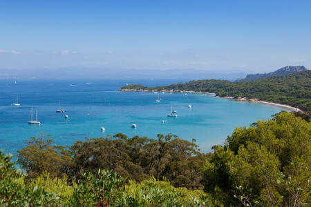 View of Porquerolles island bay from   Fort Sainte Agathe   in Franceの写真素材