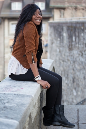 Outdoor of a  portrait happy young african american teenage girlの写真素材