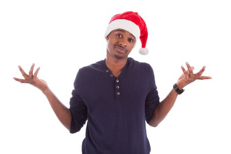 Young frustrated christmas man , isolated on white backgroundの写真素材