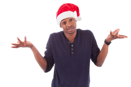 Young frustrated christmas man , isolated on white backgroundの写真素材